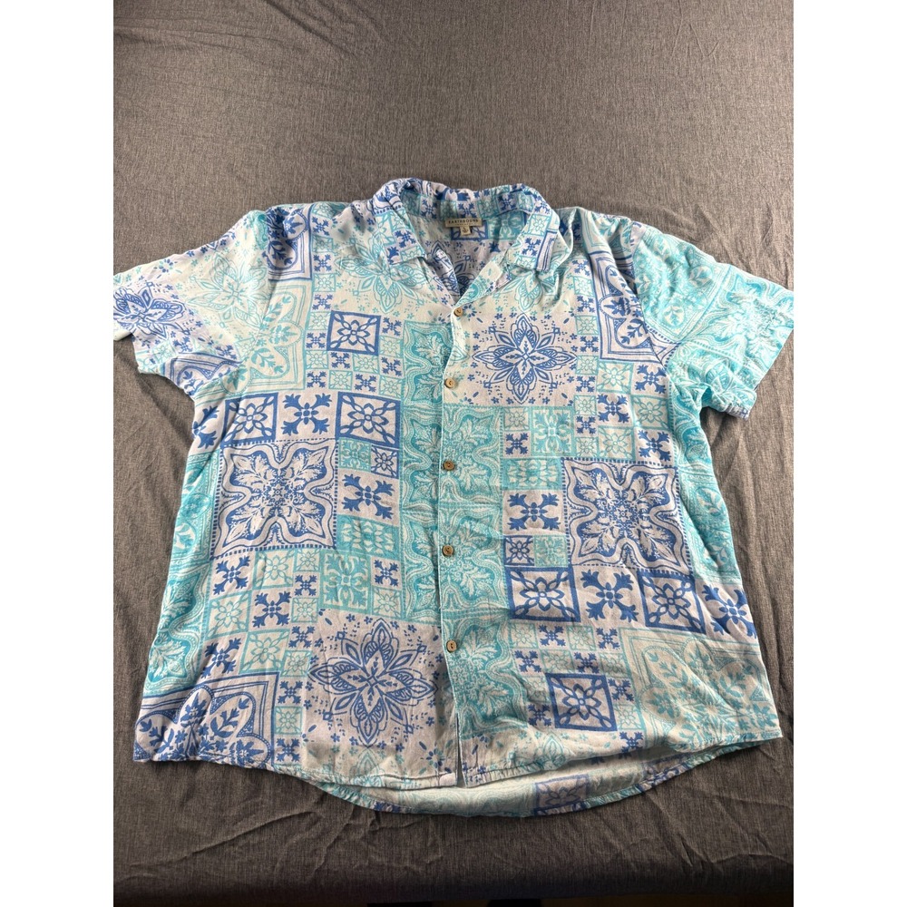 Earthbound Trading Co Mens Large Shirt Blue Boho Floral Button Up Short Sleeve